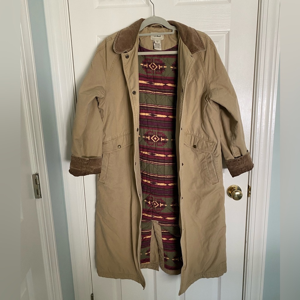 L.L Bean Tan Beige Midi Length Long Chore Coat Barn Coat Duster Medium Petite